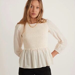 Marine Layer Cream Smocked Peplum Long-Sleeve Top